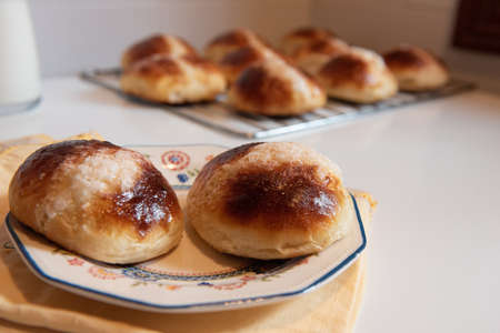 Homemade Swiss buns, brioche buns typical of Madrid.