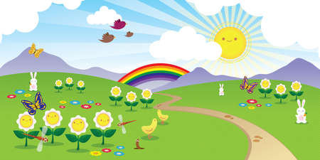 Cheerful scenery with cute smiling flowers, sun and animalsのイラスト素材
