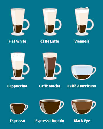 Various espresso in glasses and cups on blue backgroundのイラスト素材