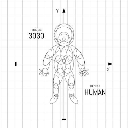 Human design. Sketchy robot. Vector illustration on a grid background.のイラスト素材