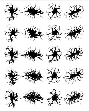 Set of Black Cracks, Vector Icons, Faults and Zippers, Destruction Symbols on White Background.のイラスト素材