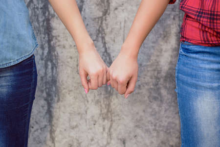 Polish people person concept. Close up photo of beautiful charming cute lovely beautiful cool swag attractive girls holding touching little fingers isolated on gray concrete wall backgroundの写真素材