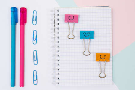 Close up top view photo of school supplies. Set of notepad, pens, paper clips on pink and blue...