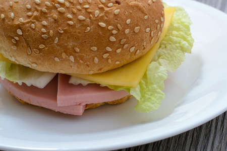 Close up photo of tasty appetising cheeseburger with ham and salad on white plateの写真素材