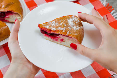 Slice of yummy piece of cherry cake with poedered sugar in woman's hands over checkered tableclothの写真素材