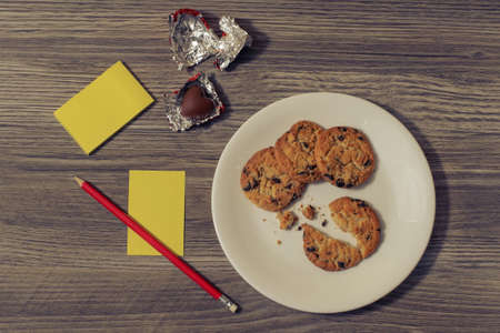 Snack inspiration idea list. Top up overhead close up view photo of tasty yummy candyの写真素材