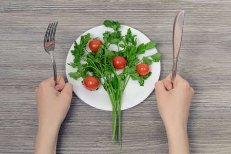 Concept of low-calory diet. Woman's hands holding cutlery and ready to eat parsley and cherry tomatoes in shape of tree on plateの写真素材