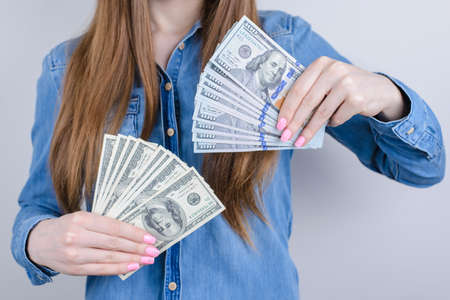 Cropped closeup photo view of happy satisfied charming beautiful she her lady boasting piles stacks...