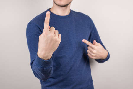 Closeup cropped view photo of confident smart clever intelligent intellectual trader showing...