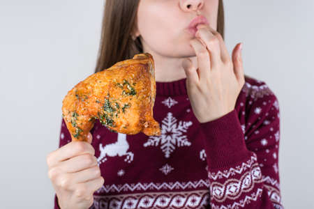Can stop eating concept. Cropped closeup photo of happy positive kid child teenager enjoy eating at...