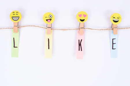 Thumb up concept. Close up photo of cheerful smiley holding like word isolated white background