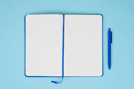Above overhead close up view photo image of notepad with empty pages and pen isolated over pastel...