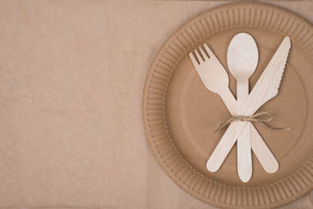 Top above overhead view photo of a set of wooden cutlery lying on a paper plate placed to the right...