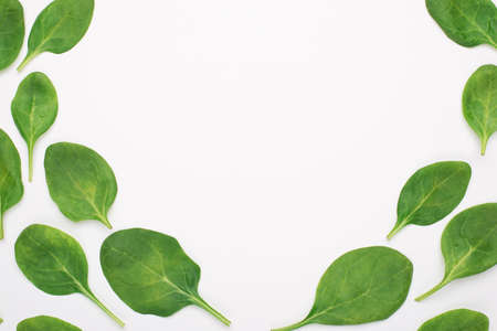 Top above overhead view photo of baby spinach placed on the sides making center empty isolated on...