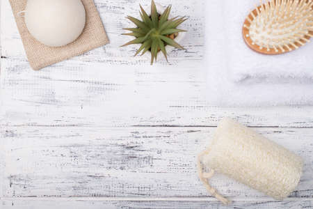Top above overhead view photo of eco bath products and a succulent isolated on white wooden background making center emptyの写真素材