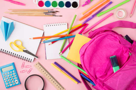 Getting ready to school concept. Top above overhead view photo of pink backpack and colorful...