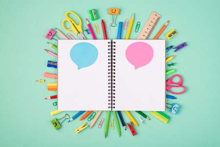 Express ideas and thoughts concept. Top above overhead view photo of colorful stationery and blank...
