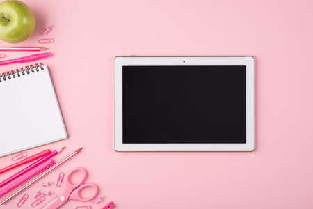 Remote studying and working concept. Top above overhead view photo of tablet colorful stationery...