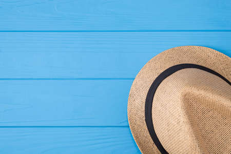 Top overhead high angle view photo of straw woman sunhat lie isolated ob vibrant vivid color shine background with place for textの写真素材