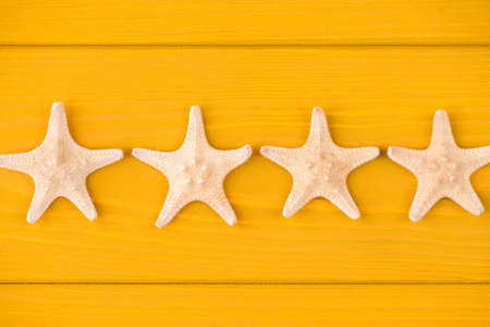 Summer vacation concept. Top above overhead view photo of a row of starfish isolated on yellow...