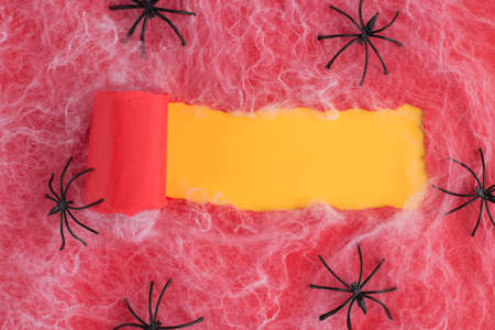 Halloween decor concept. Top above overhead view photo of torn red paper over yellow background with copyspace spiders and spiderwebの写真素材