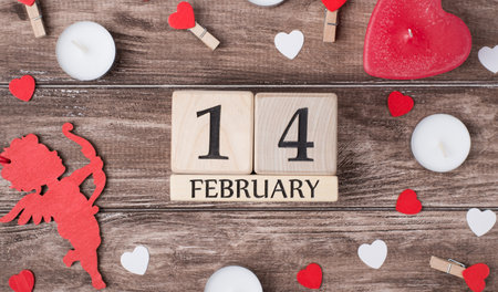 Happy saint valentine day concept. Top above overhead close up view photo of wooden calendar and...