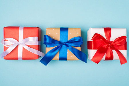 Happy holidays concept. Banner photo image close up view of three beautiful present boxes for whole...