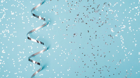 Photo border mock up wide image of light pastel blue color background greeting card with silver...