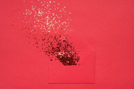 Flatlay top layout view photo of open bright color envelope and flying away shiny shimmer sequins isolated monochromatic red backgroundの写真素材