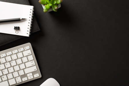 Above overhead view photo of stylish workplace with wireless keyboard succulent notebook paperclip...
