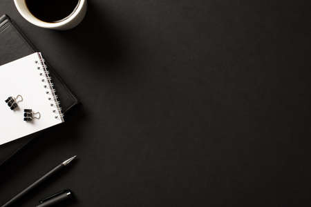 Workplace of tidy professional boss in company concept. Overhead above view photo of leather book...