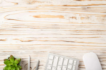 Overhead above close up view photo picture of computer keyboard mouse succulent and two pens isolated white wooden backdrop with empty spaceの写真素材