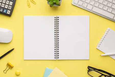 Photo overhead of notebook keyboard calculator pen computer mouse notes plant glasses and paper...