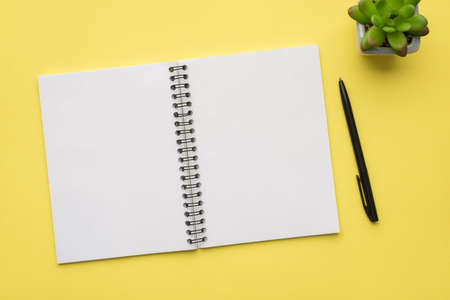 Photo overhead of notebook pen and plant isolated on the yellow backgroundの写真素材