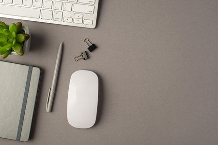 Above photo of notebook pen paperclips keyboard computer mouse and plant isolated on the gray background with copyspaceの写真素材