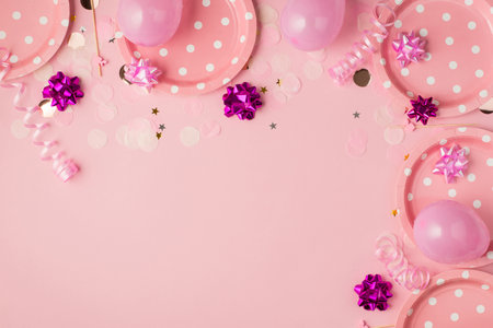 Top view photo of birthday composition with pink and violet ribbon stars serpentine paper plates balloons and confetti on isolated pastel pink background with copyspaceの写真素材