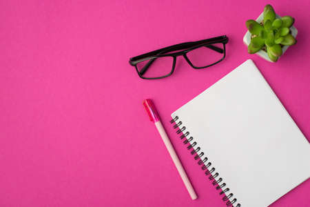 Top view photo of workplace with open planner plant pen and glasses on isolated pink background with copyspaceの写真素材