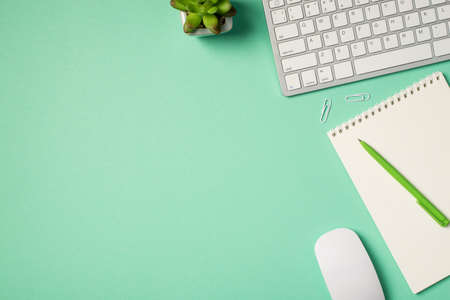 Top view photo of workplace white keyboard mouse pen on planner plant and clips on isolated turquoise background with copyspaceの写真素材