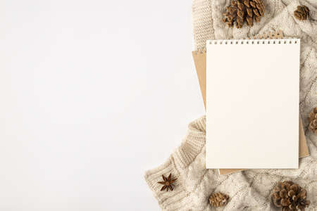 Top view two notepads pine cones and anise on a sweater