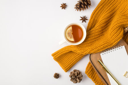 Top view orange pullover cup of tea with lemon golden pen copybook leather bag and pine conesの写真素材