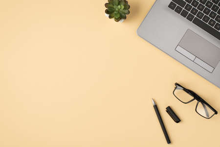 Above photo of laptop glasses flowerpot and pen isolated on the beige backdrop with copyspaceの写真素材