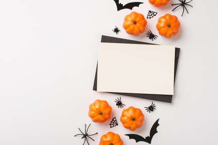 Top view photo of black envelope white card pumpkins spiders web and bats silhouettes on isolated white background with copyspaceの写真素材