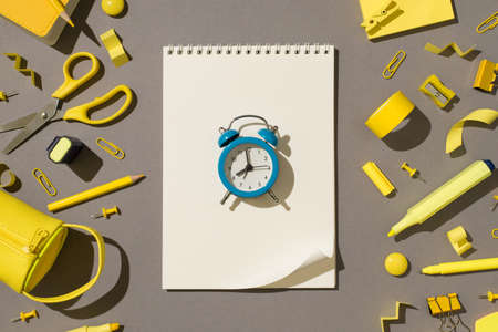 Above photo of school equipment scissors tape paper clips stickers pins pencil pen marker sharpener...
