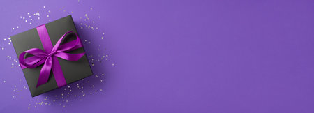 Above photo of black giftbox with ribbon wrapped as bow and confetti around isolated on the purple backgroundの写真素材