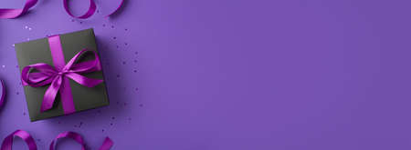 Top view photo of stylish black giftbox with purple ribbon bow confetti and satin ribbon on isolated violet background with empty spaceの写真素材