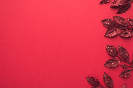 Top view photo of christmas tree decorations red shiny twigs on isolated red background with empty spaceの写真素材