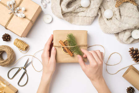 Merry Christmas preparing for traditional celebration concept. Pov first person overhead view photo...