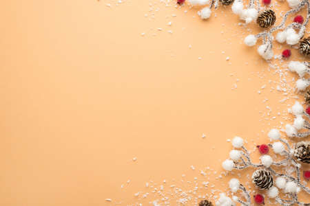 Top view photo of christmas decorations snow branches with pine cones and red berries on isolated...