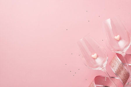 Top view photo of valentine's day decorations glitter pink curly ribbon pink small hearts in two wineglasses and sequins on isolated pastel pink background with empty spaceの写真素材