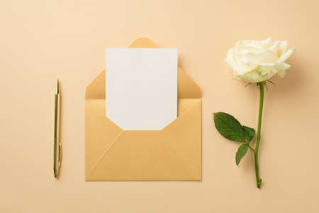 Top view photo of ordered composition open pastel yellow envelope with card golden pen and white rose on isolated beige background with empty spaceの写真素材